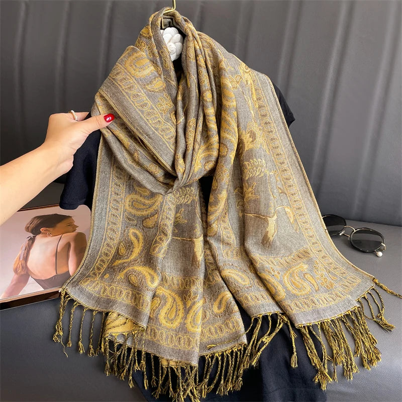 Paisley Floral Print Long Scarf with Fringed Ends