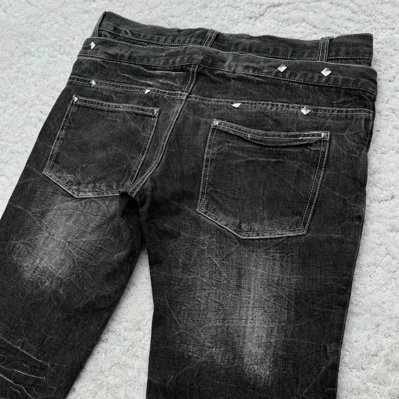 Women's Lace Double Waist Distressed Flared Denim Jeans