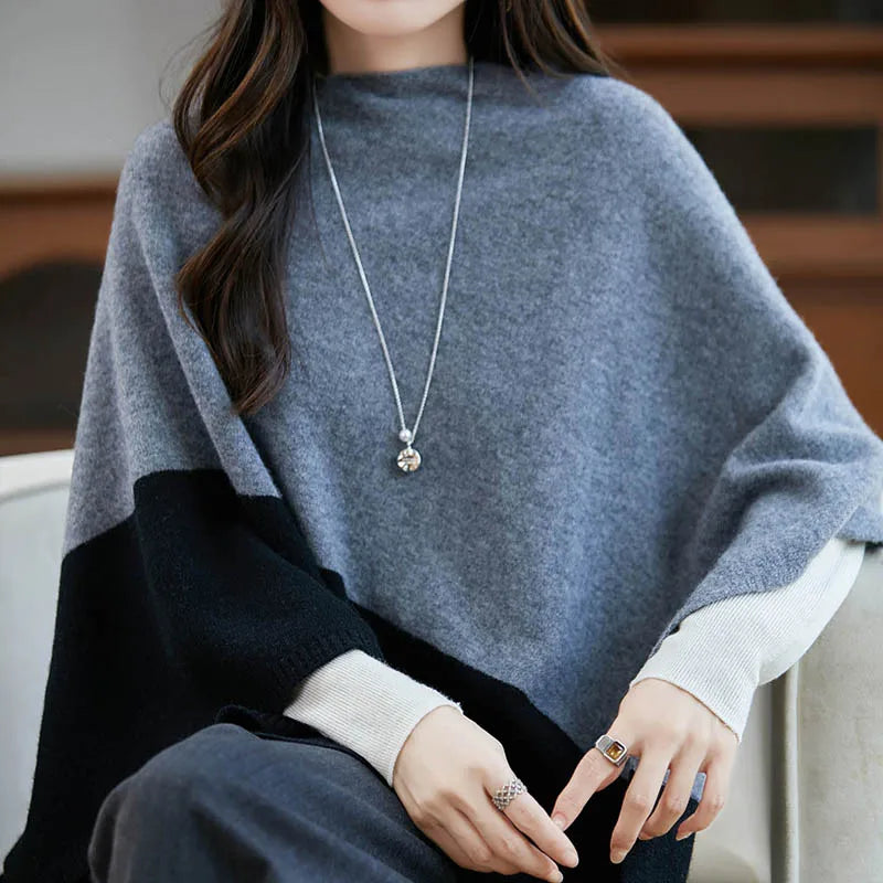 Contrast Block Asymmetric Poncho for Layering over Outfits