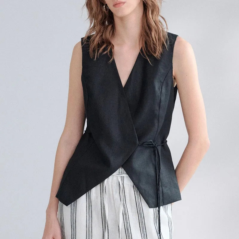 Women's Linen Sleeveless V-Neck Vest Top with Waist Tie for Summer Outfits