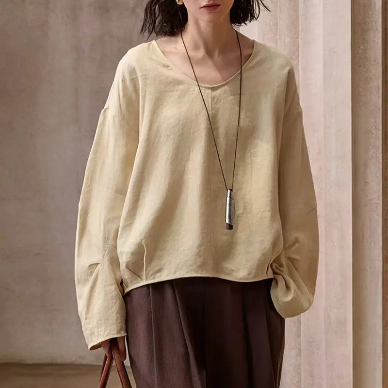 Women's Linen Long-Sleeve Pullover Blouse with Loose Silhouette for Casual Everyday Outfits