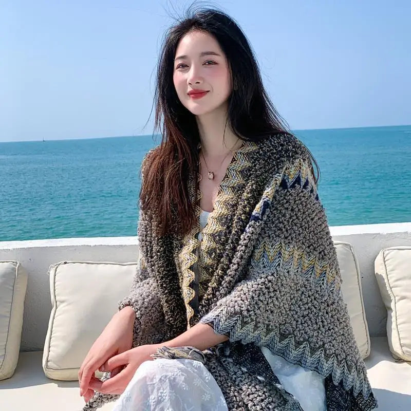 Zigzag Knit Fringe Poncho for Layering over Outfits