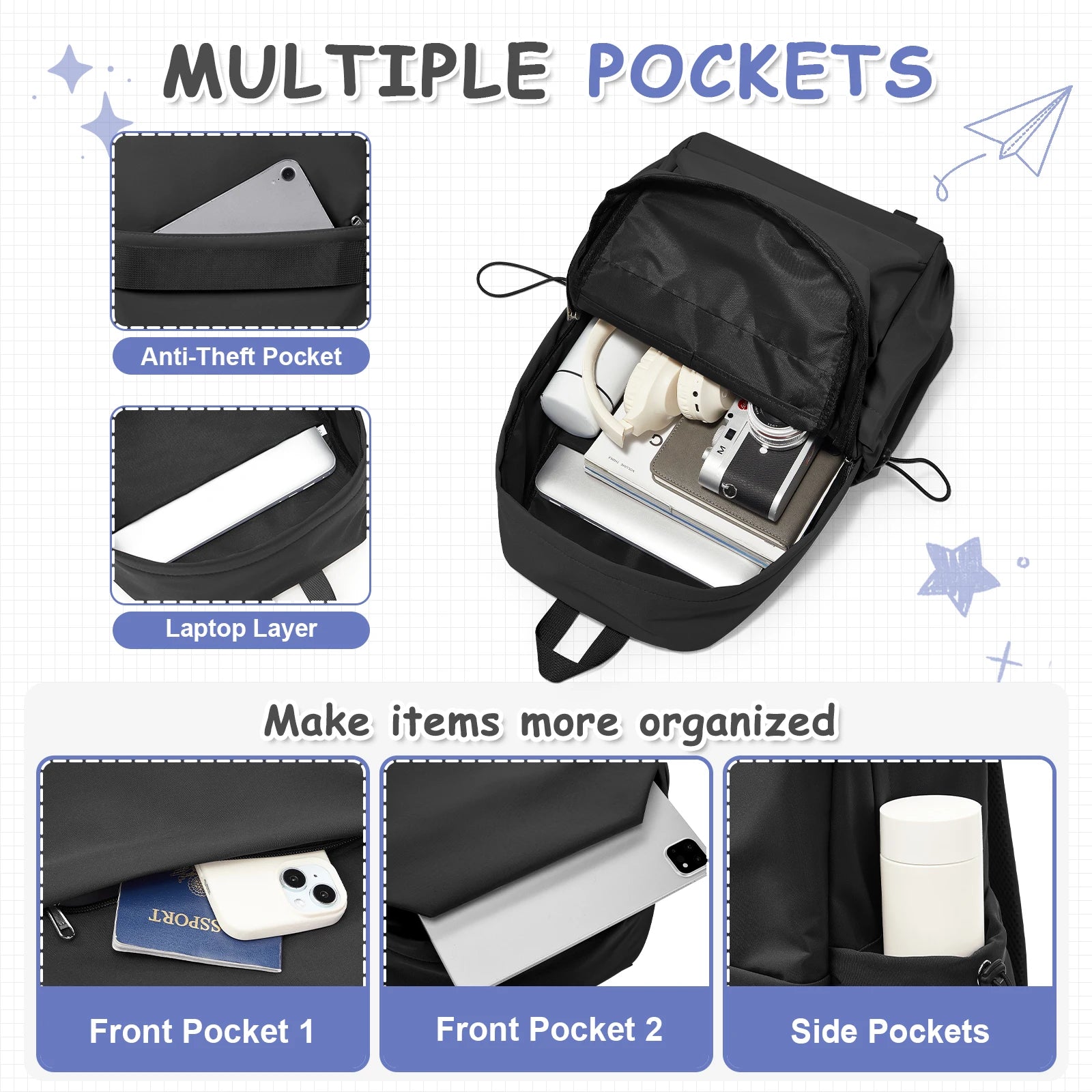 Everyday Student Backpack with Zipper Opening and Twin Shoulder Carry Straps