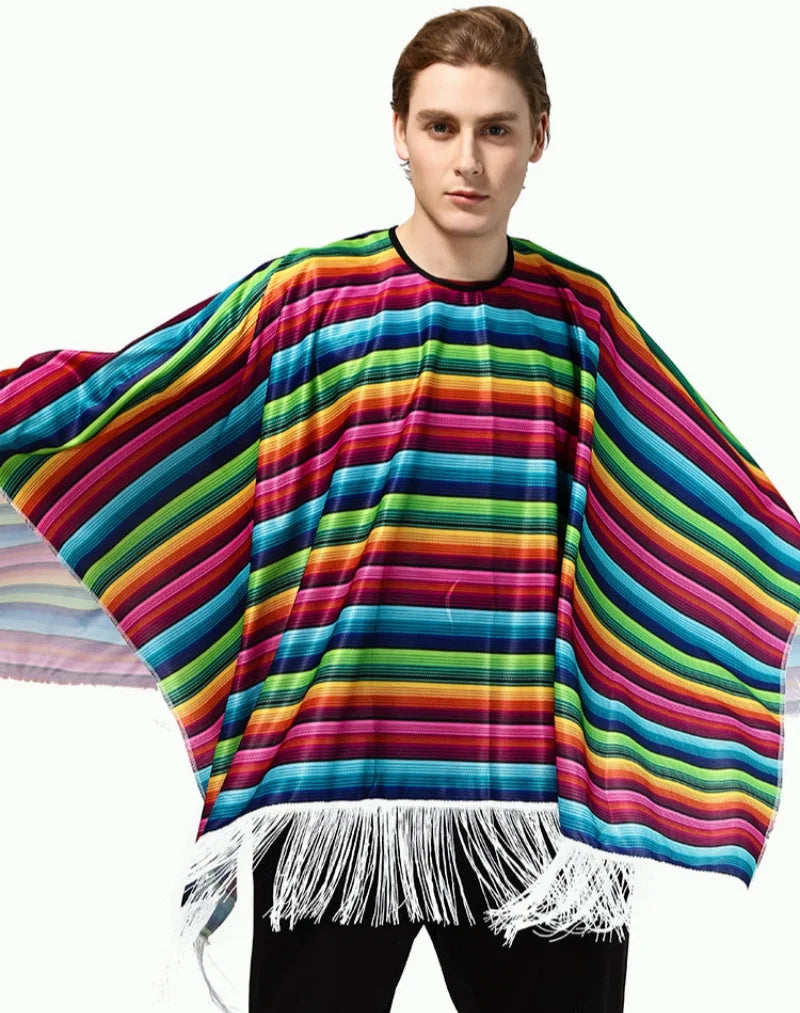 Rainbow Stripe Fringe Poncho for Layering over Outfits