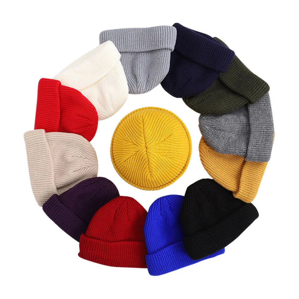 Short Ribbed Knit Beanie with Folded Cuff Shape