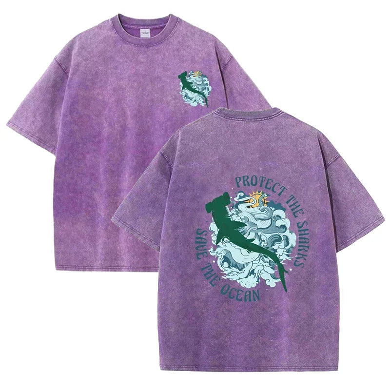 Distressed Vintage Washed Tee Double Print Shark Wave Protect Ocean Letter Loose Fit Short Sleeve T Shirts