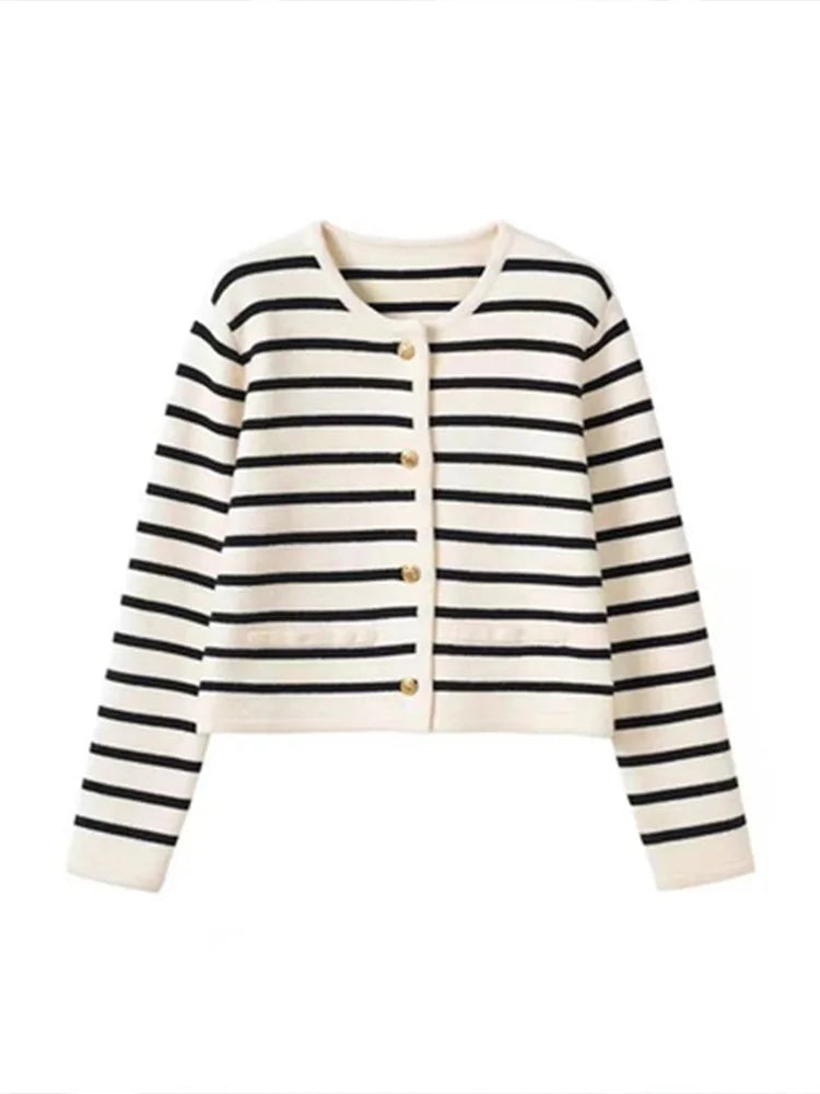 Women's Striped Crew Neck Button Front Cardigan Casual Knit Layer