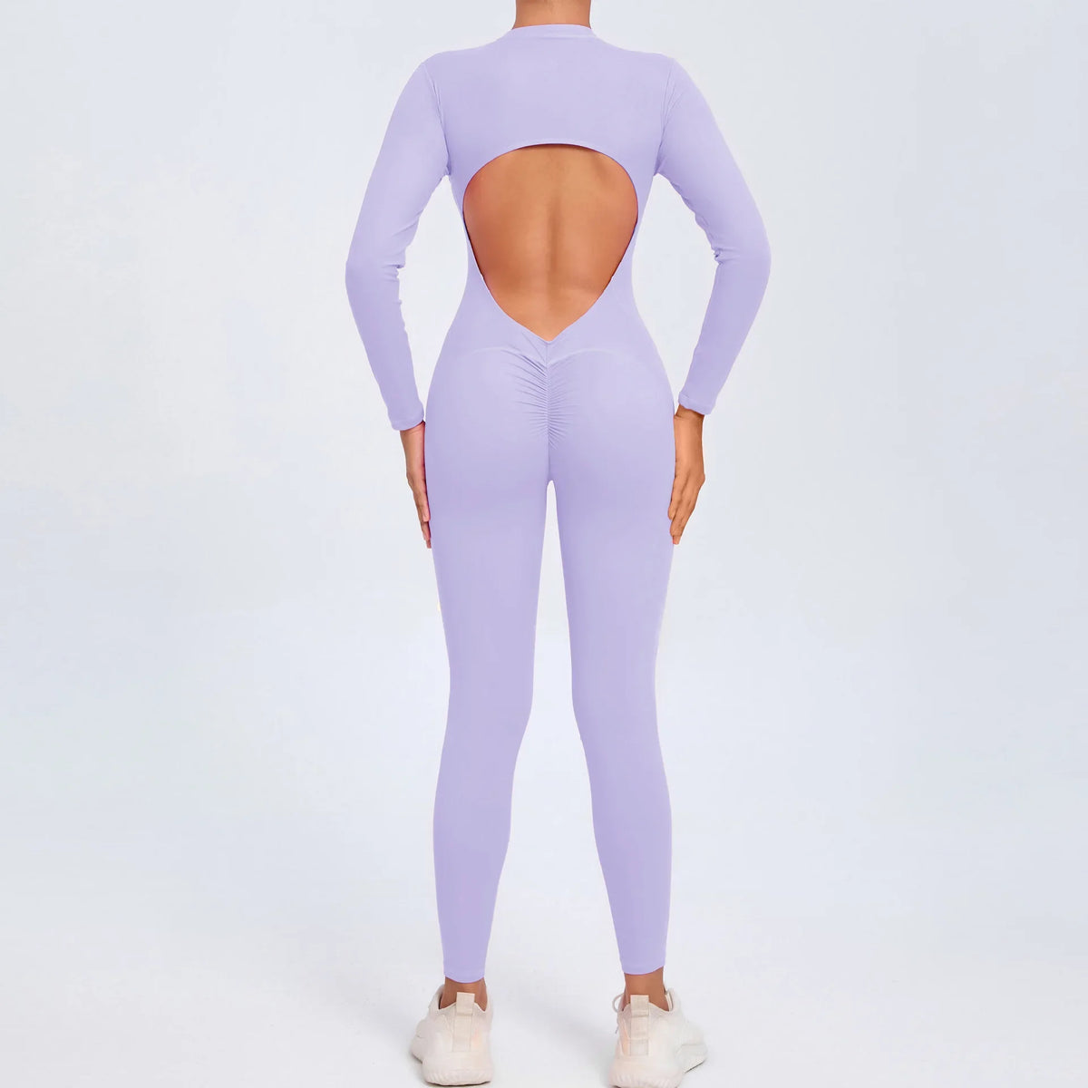 Women's Long Sleeve Nylon Blend Workout Jumpsuit with Zip and Back Cutout