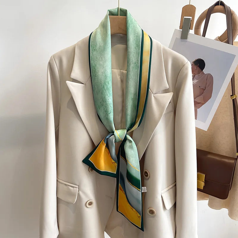 Printed Long Narrow Scarf with Decorative Ribbon Shape
