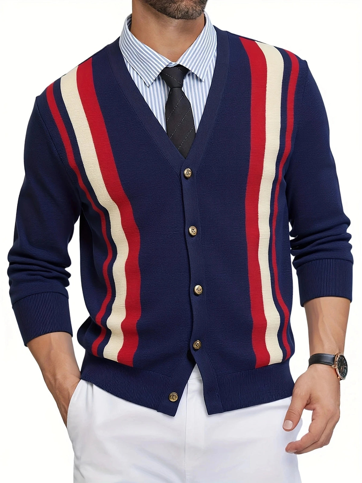 Men's Contrast Stripe Button Front Knit Cardigan