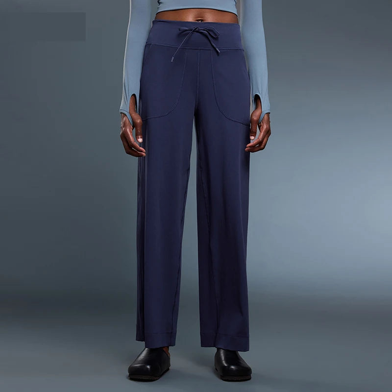 Women's Drawstring Waist Nylon Blend Wide Leg Pants with Length Options