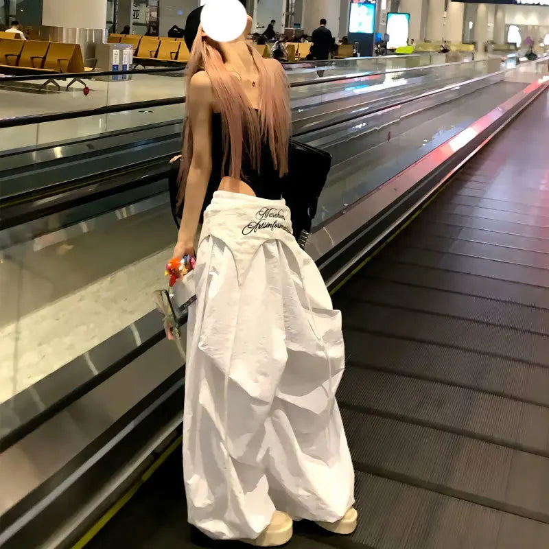 Women's White Wide Leg Cargo Pants with Embroidered Waist Detail