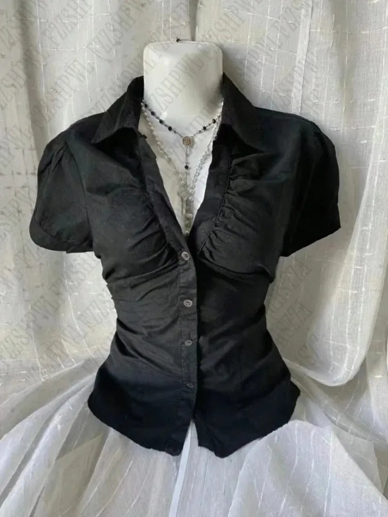 Women's Fitted Ruffle Detail Short Sleeve Shirt