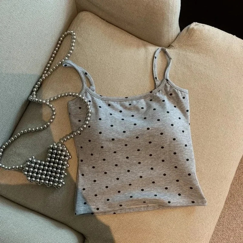 Women's Polka Dot Cotton Camisole with Thin Straps and Cropped Shape