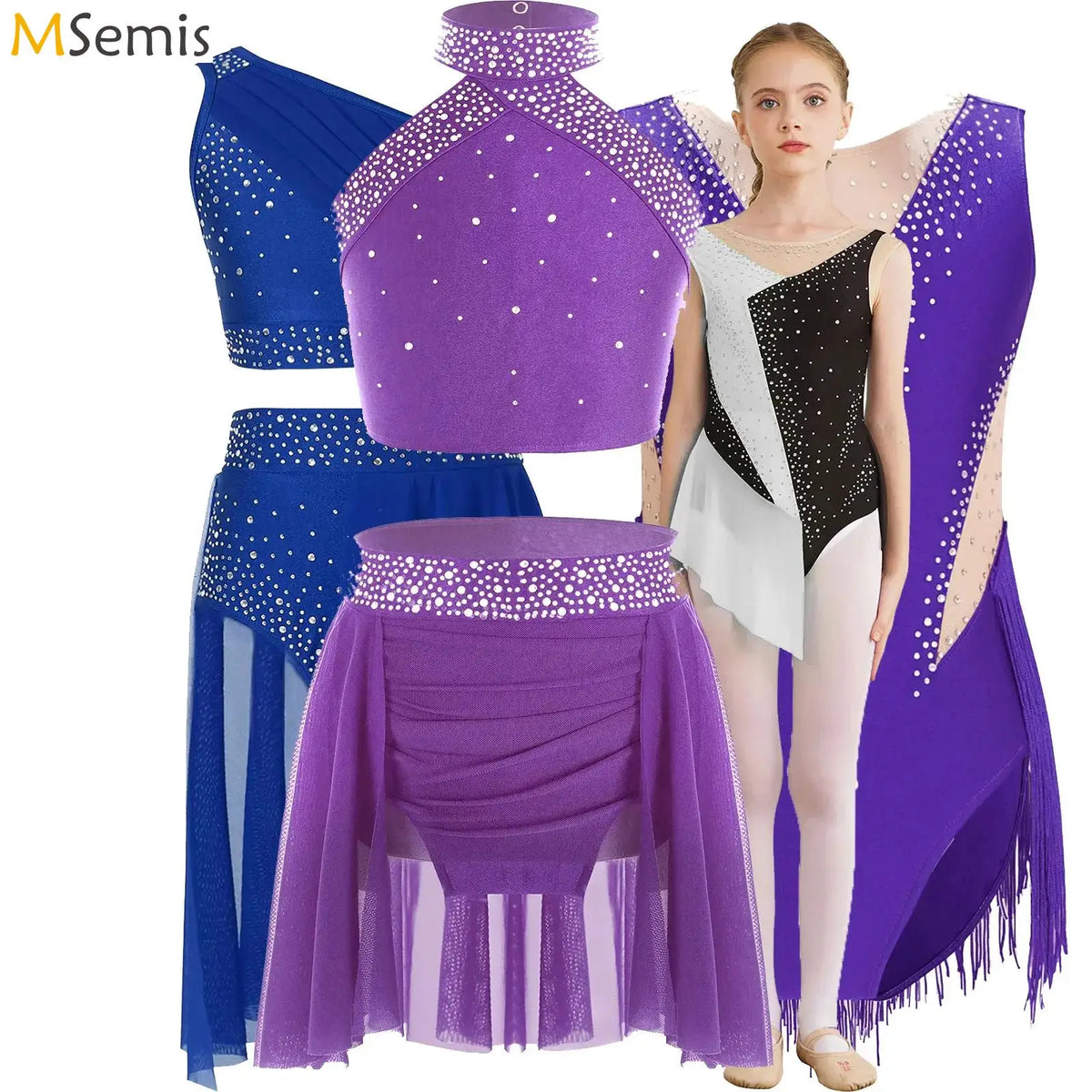 Girls' Lyrical Dance Costume Styles with Rhinestones and Skirted Outfit Options