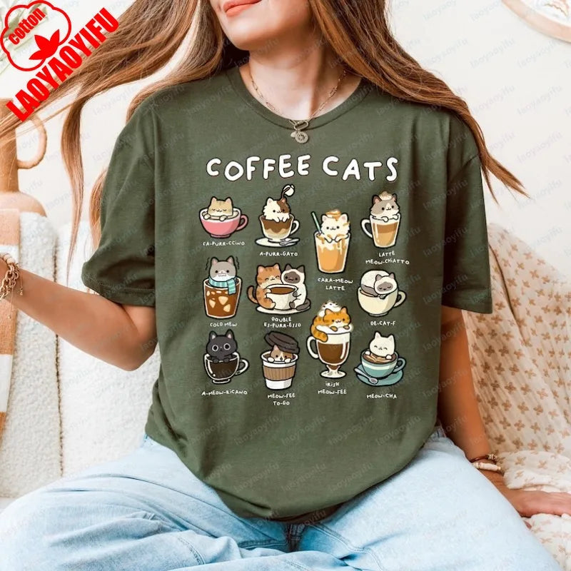Coffee Cats Graphic Crewneck Short-Sleeve T-Shirt