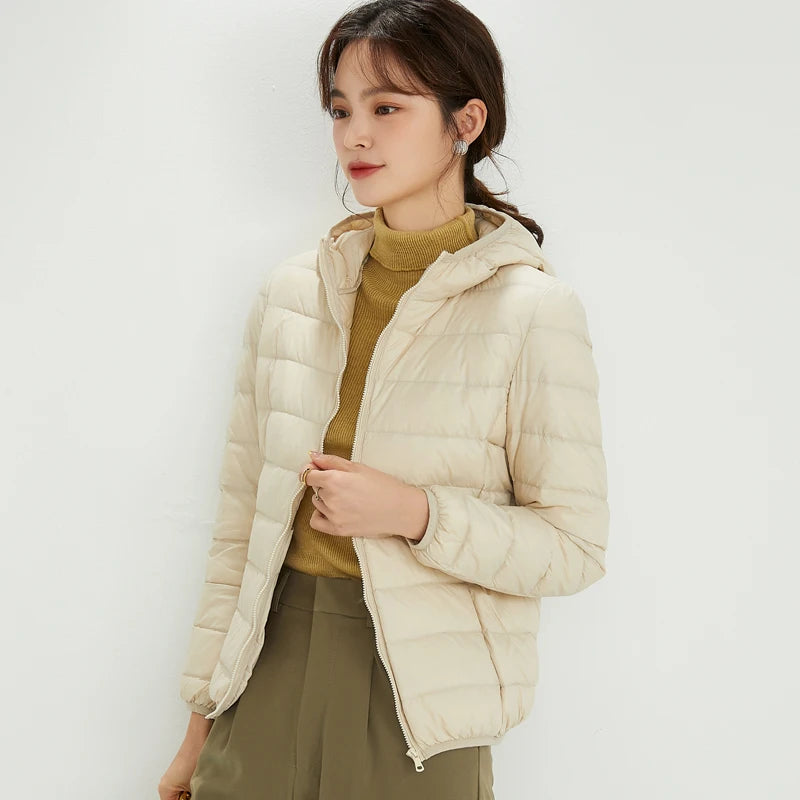 Women's Nylon Hooded Zip-Front Duck-Down Puffer Jacket for Casual Winter Layered Outfits