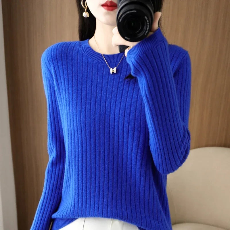 Women's Ribbed Crew Neck Long Sleeve Sweater Casual Knit Layer