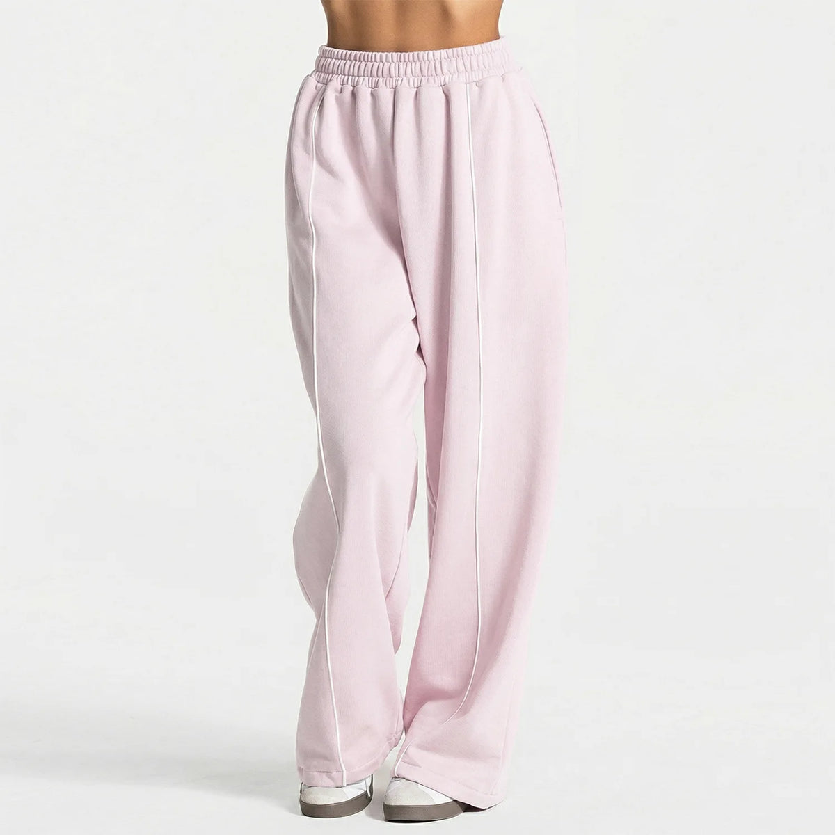 Women's Wide Leg Workout Pants with Double Waistband and Contrast Piping