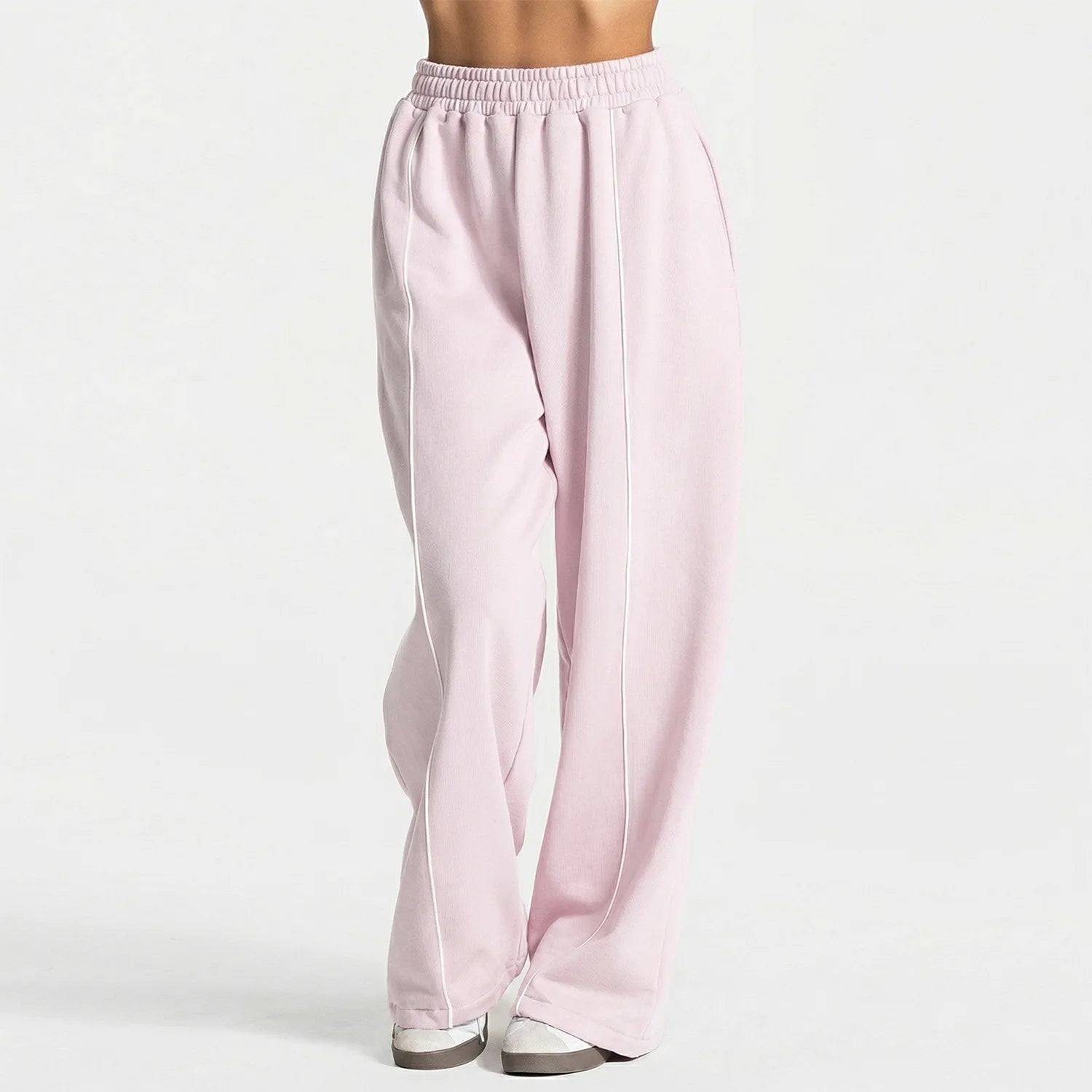 Women's Wide Leg Workout Pants with Double Waistband and Contrast Piping