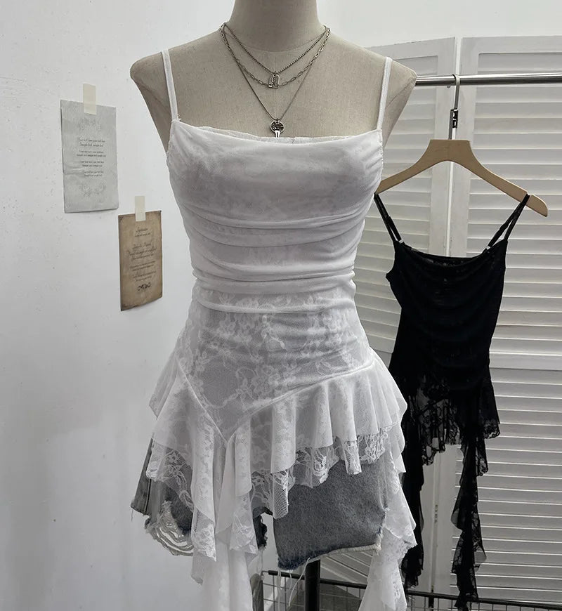 Women's Ruffled Polyester Camisole with Lace Trim and Asymmetric Style Options