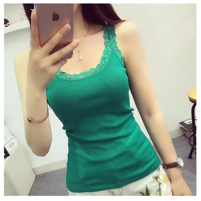 Women's Lace Trim Cotton Blend Tank Top with a Sleeveless Shape