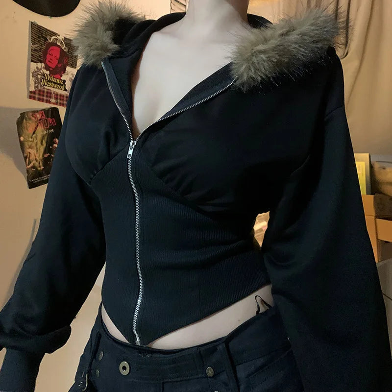 Fluffy Trim Long Sleeve Full Zip Casual Hoodie