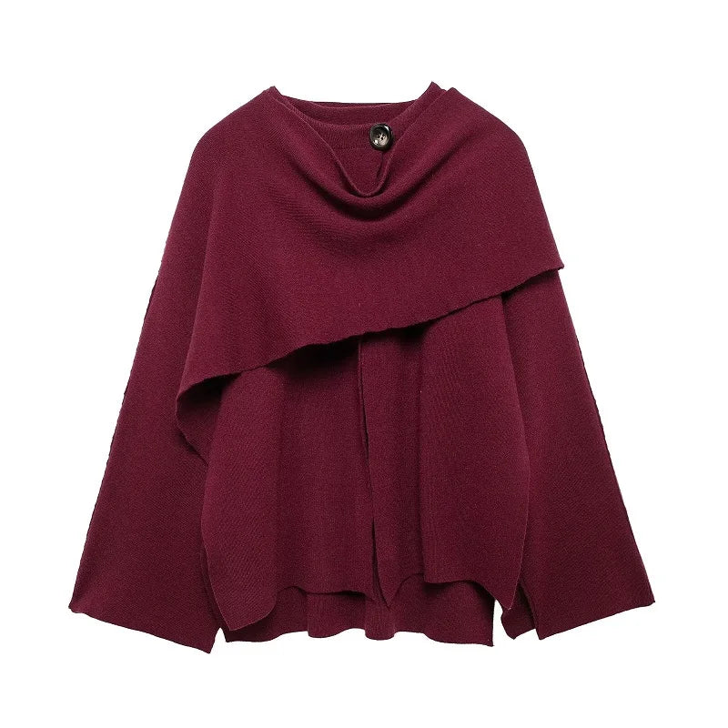 Draped Collar Button Front Poncho for Layering over Outfits