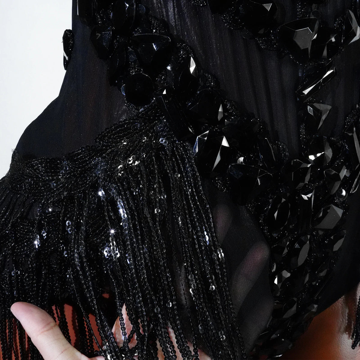 Women's Rhinestone Fringe Mesh Dance Bodysuit for Stage Costume Outfits