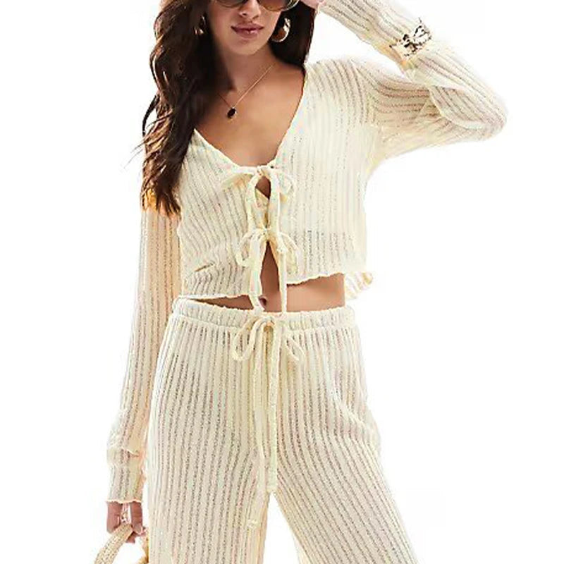 Women's Linen-Polyester Two-Piece Lounge Set with Long-Sleeve Button-Front Top and Elastic-Waist Pants