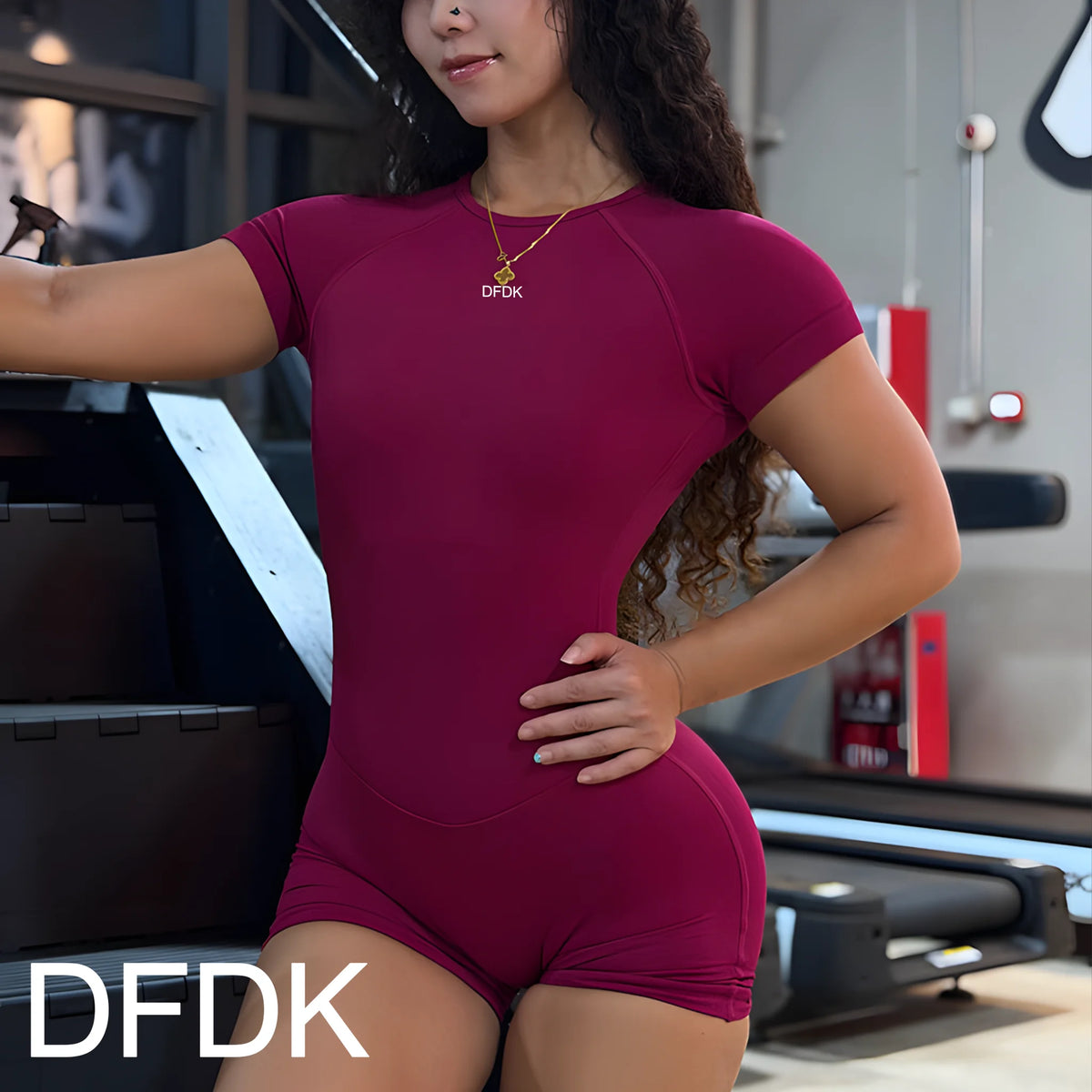 Women's Short Sleeve Nylon Blend Workout Romper with Open Back