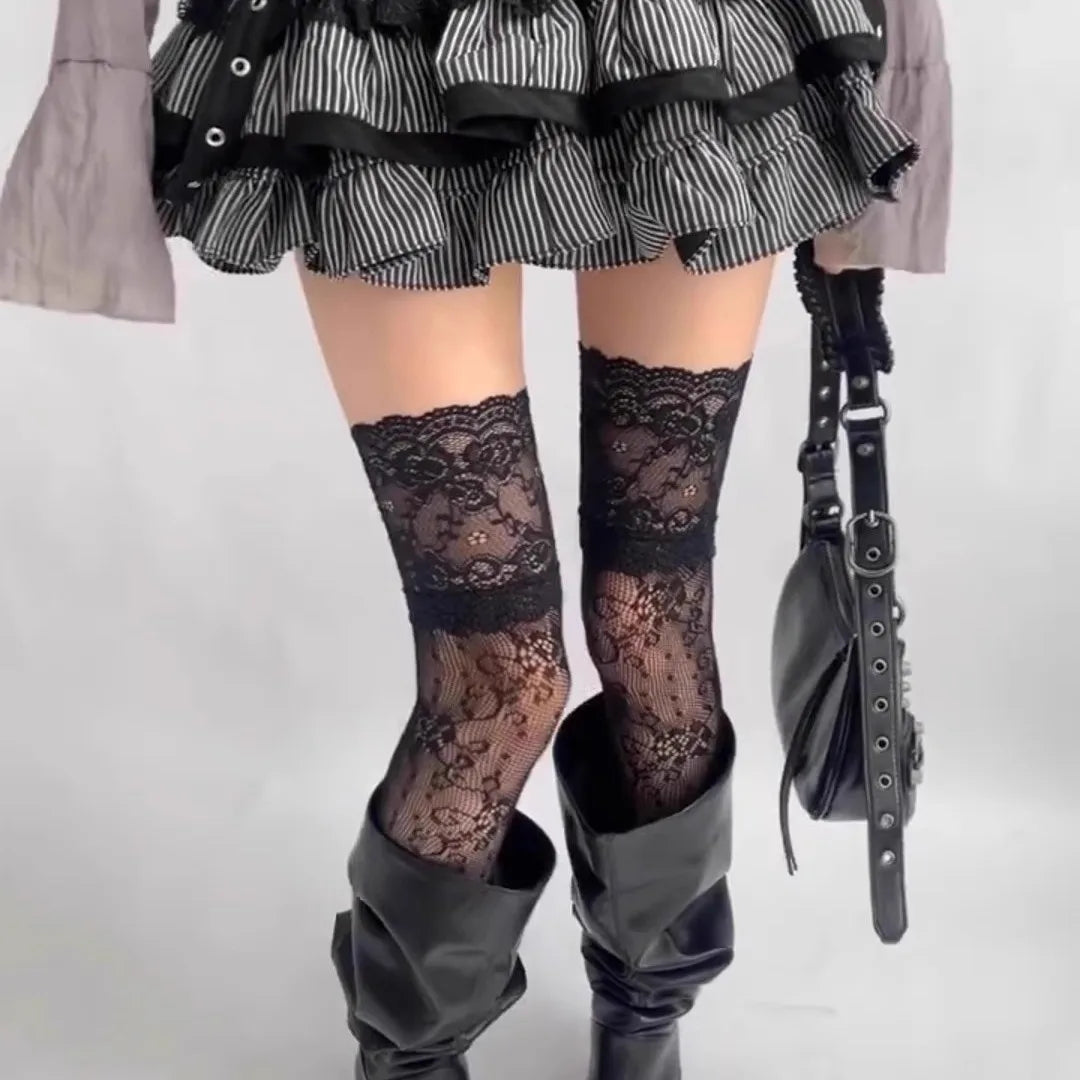 Floral Lace Thigh High Stockings with Decorative Cuffs