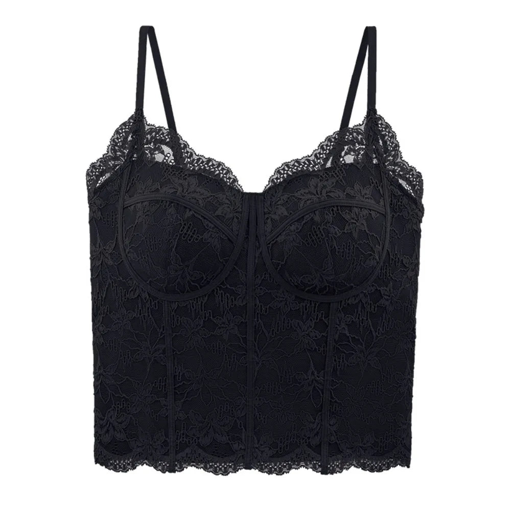 Women's Floral Lace Crop Top with Thin Shoulder Straps and Chest Pads