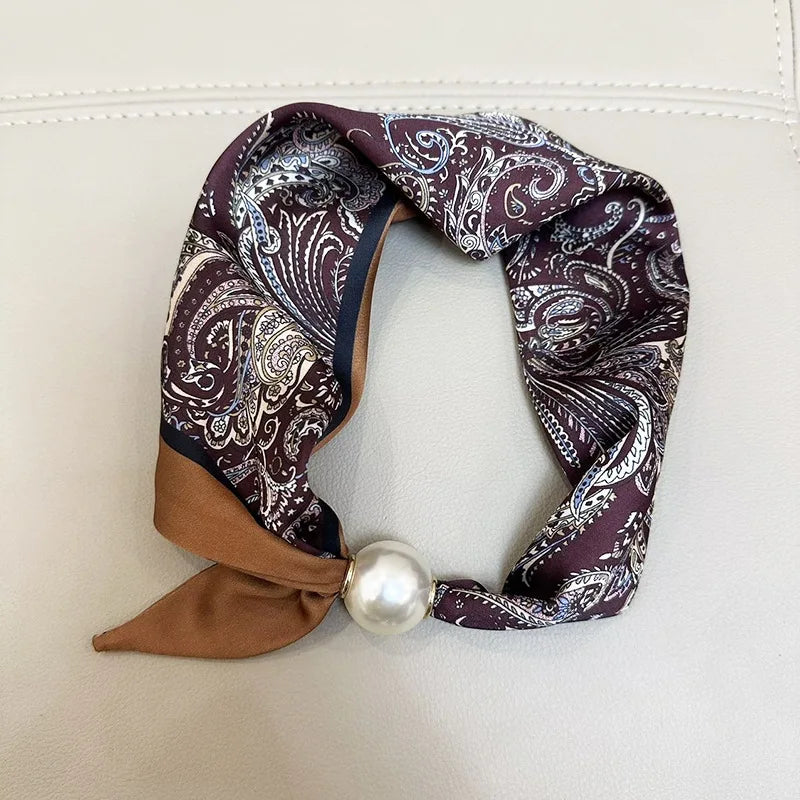 Printed Neck Scarf with Decorative Pearl Style Clasp Options