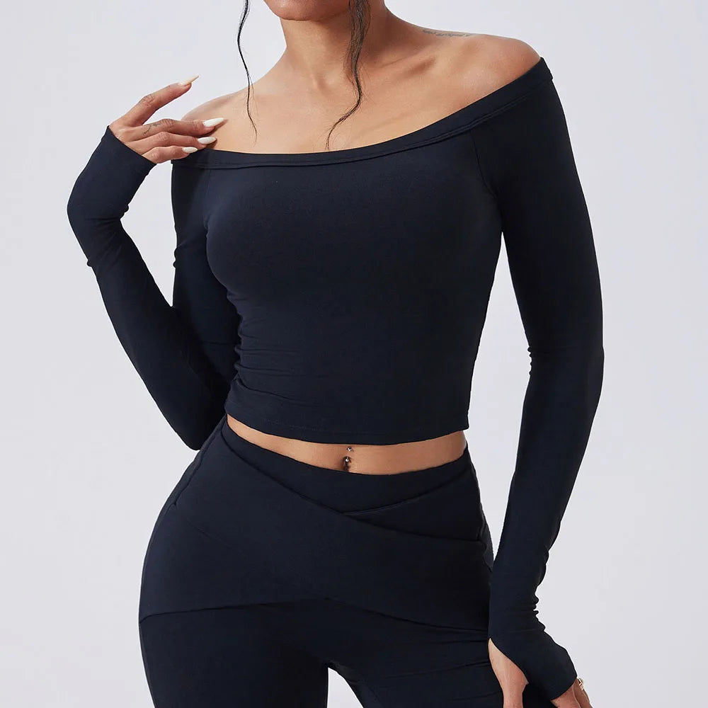 Women's Off-Shoulder Top and Flared Pants Workout Set