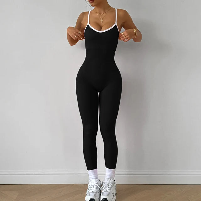 Women's Ribbed Nylon Blend Workout Jumpsuit with Contrast Crisscross Straps