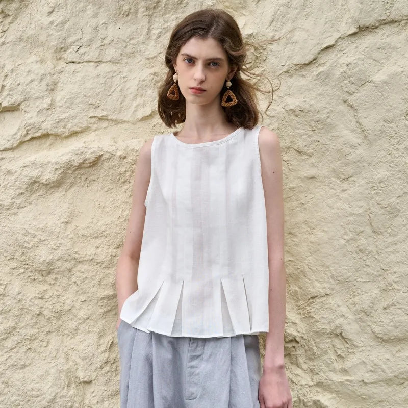 Women's Linen-Viscose Sleeveless Tank Top with Pleated Hem for Casual Summer Outfits