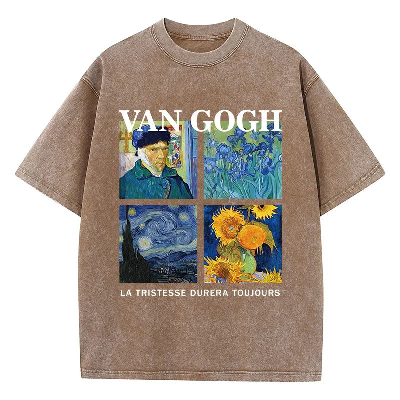 Fashionable Men's Washed T-shirt Printed Top Cotton Oversized Round Neck T-shirt Street Wear