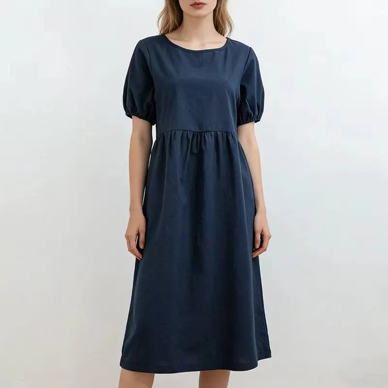 Women's Cotton-Blend Round-Neck Loose Midi Dress with Short Puff Sleeves for Summer