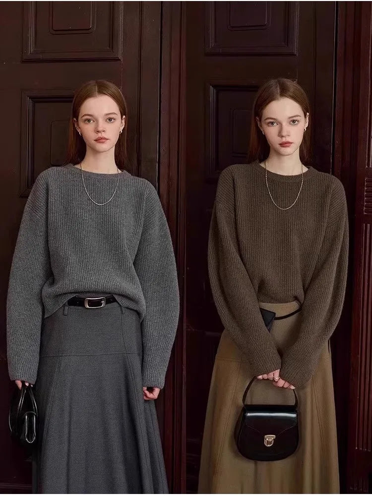 Vintage thick cashmere knitwear women's fall/winter loose shoulder crew neck sweater base sweater