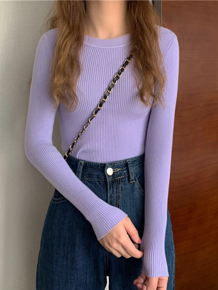 Women's Acrylic-Cotton Solid Long-Sleeve Crewneck Slim-Fit Knit Pullover Sweater for Everyday Outfits