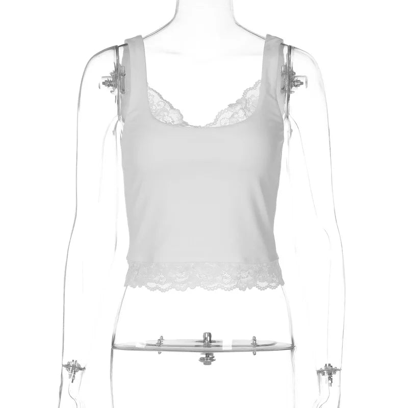 Women's Lace Panel Polyester Crop Tank Top with a Rounded Neckline