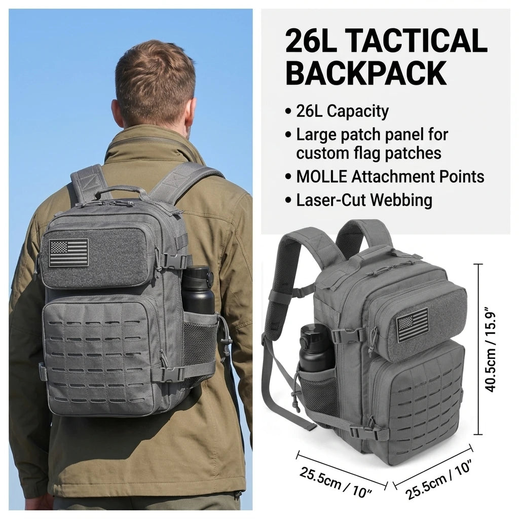 Tactical Travel Backpack with Front Webbing Panels and Side Bottle Pockets
