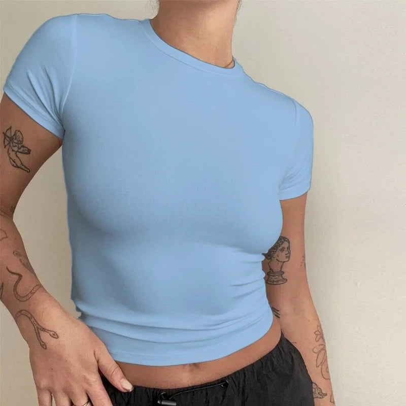 Women’s Slim-Fit Stretch Knit Crew-Neck T-Shirt with Short Sleeves