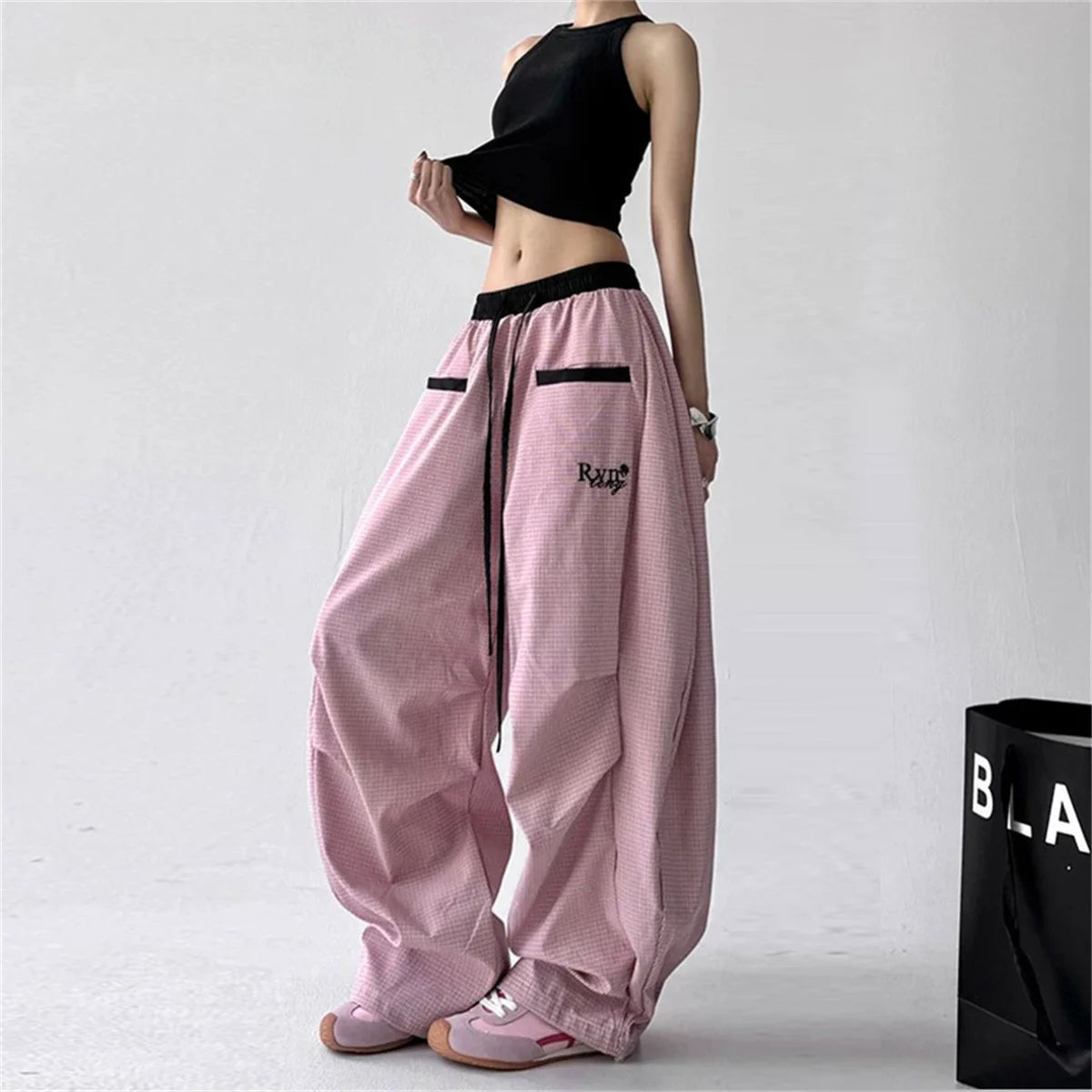 Women's Wide Leg Cargo Pants with Contrast Stripes and Drawstring Waist