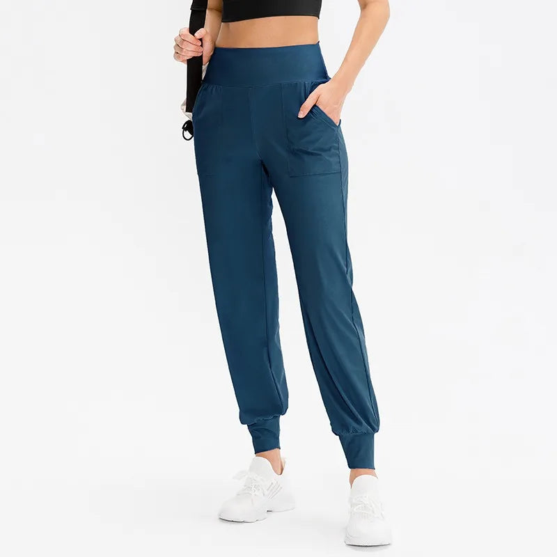 Women's High Waist Nylon Blend Workout Pants with Side Pockets and Cuffed Ankles
