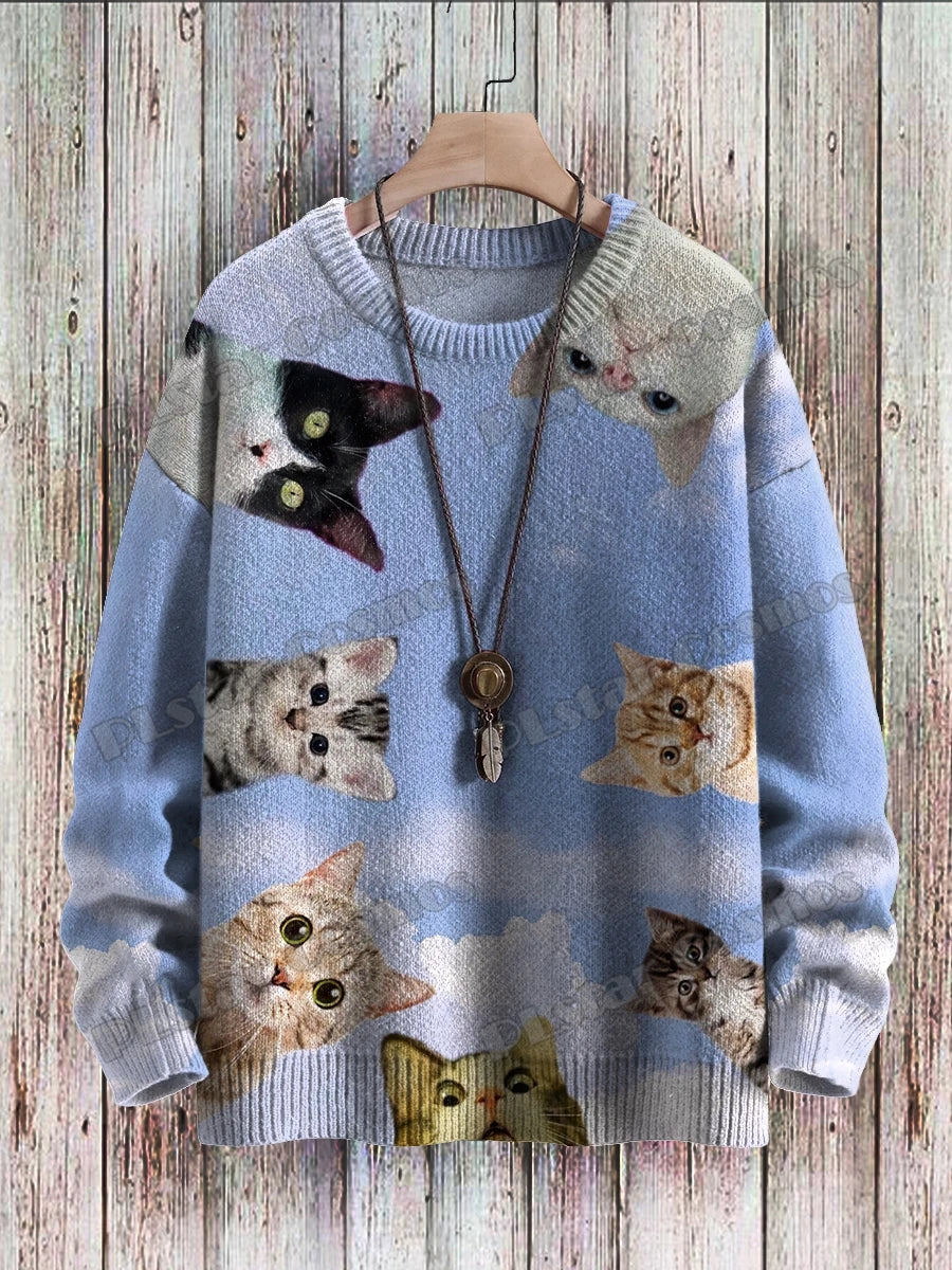 Men's Cat Print Crew Neck Long Sleeve Sweater