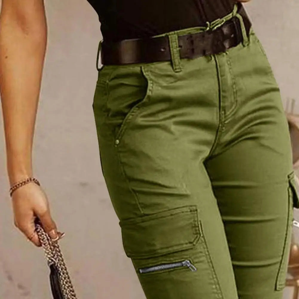 Women's Slim Cargo Pants with Button Fastening and Side Zip Pockets