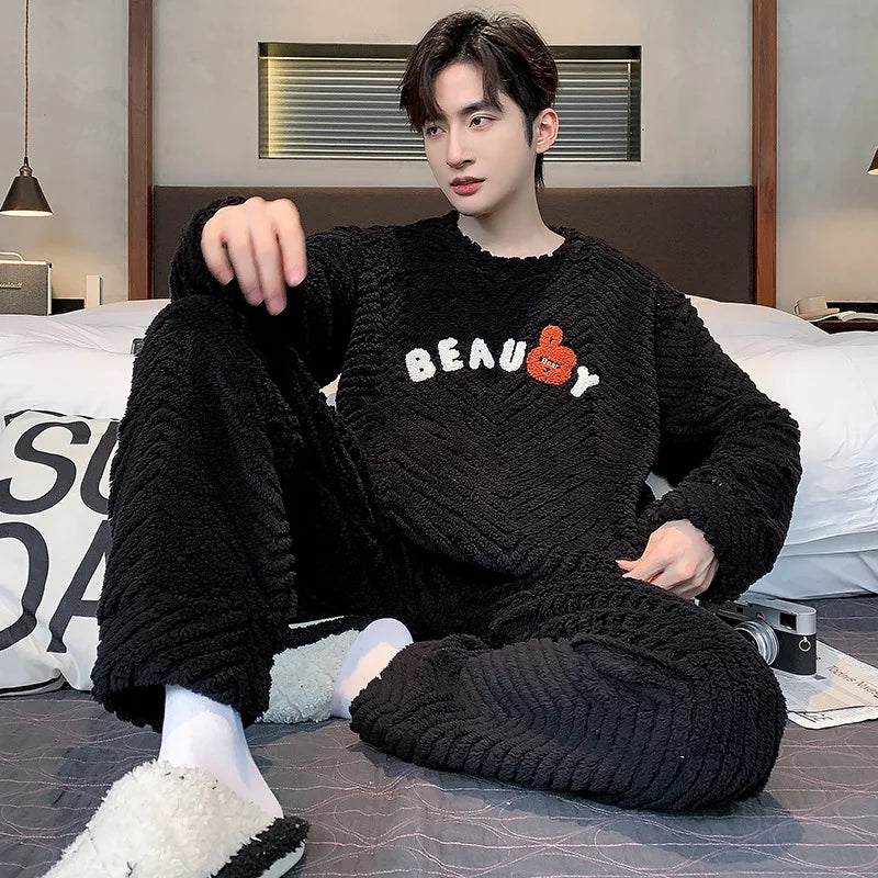 Men's Textured Long Sleeve Top and Pants Pajama Set