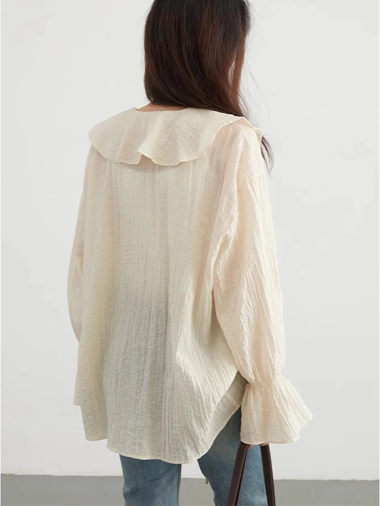 Women's Ruffled V Neck Blouse with Flared Cuffs